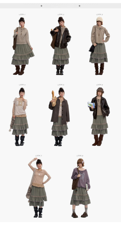 Dried Grass Green Vintage Lace Tiered A-Line Skirt