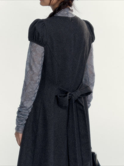 Vintage Double-Breasted Wool Dress & Knit Fringe Cape Set