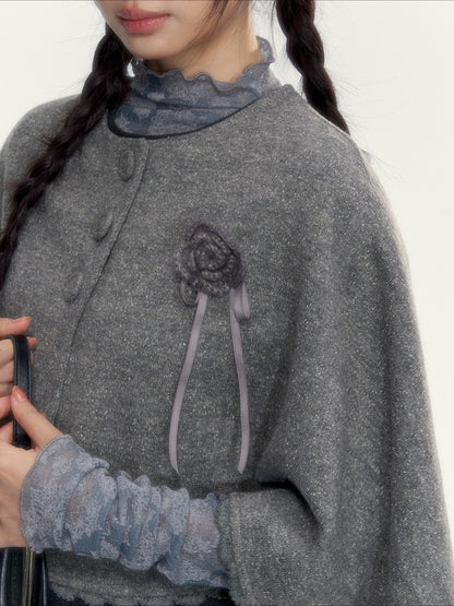 Vintage Double-Breasted Wool Dress & Knit Fringe Cape Set
