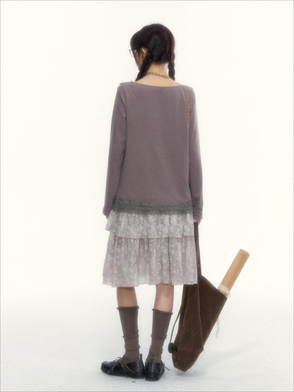 Gray Purple Lace-Trimmed Square-Neck Long-Sleeve T-Shirt