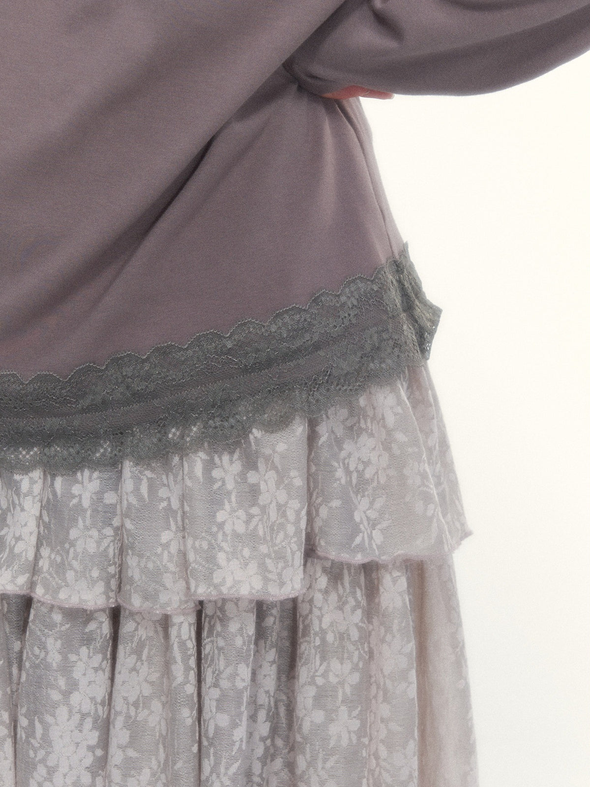 Gray Purple Lace-Trimmed Square-Neck Long-Sleeve T-Shirt