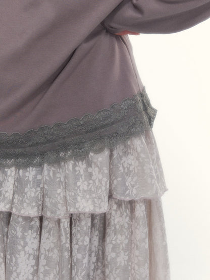 Gray Purple Lace-Trimmed Square-Neck Long-Sleeve T-Shirt