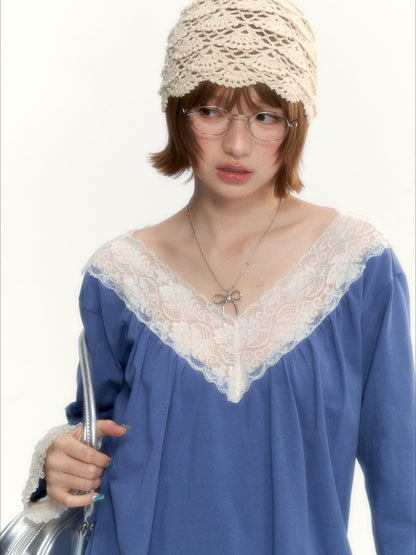 Classic Blue Lace V-Neck Long-Sleeve Top