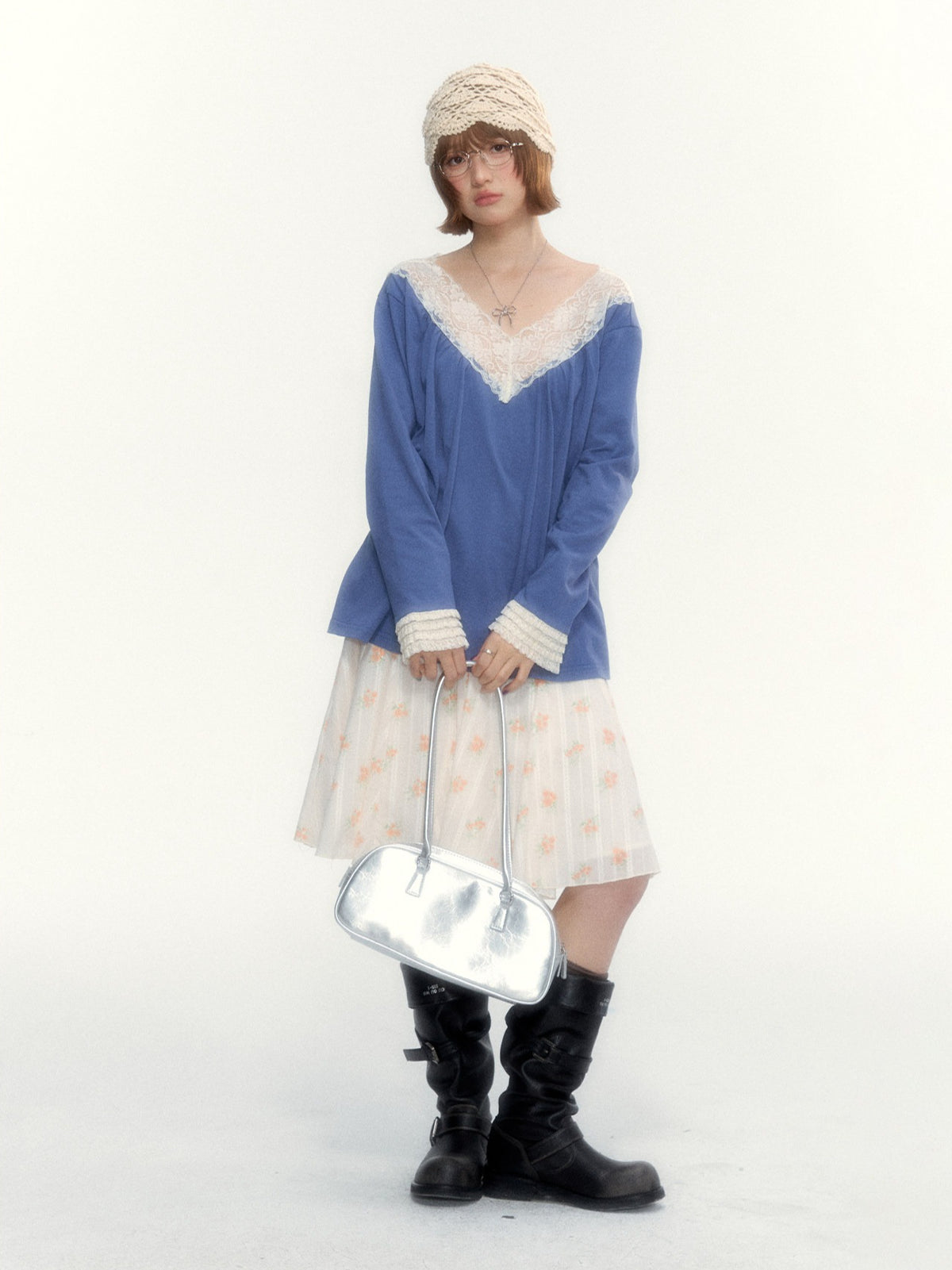 Classic Blue Lace V-Neck Long-Sleeve Top