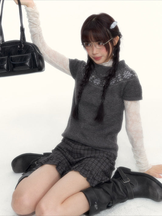 Deep Gray Fair Isle Short-Sleeve Knit Sweater