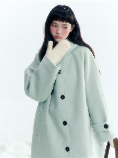 Pale Aqua Green Hooded Cocoon Wool-Blend Coat