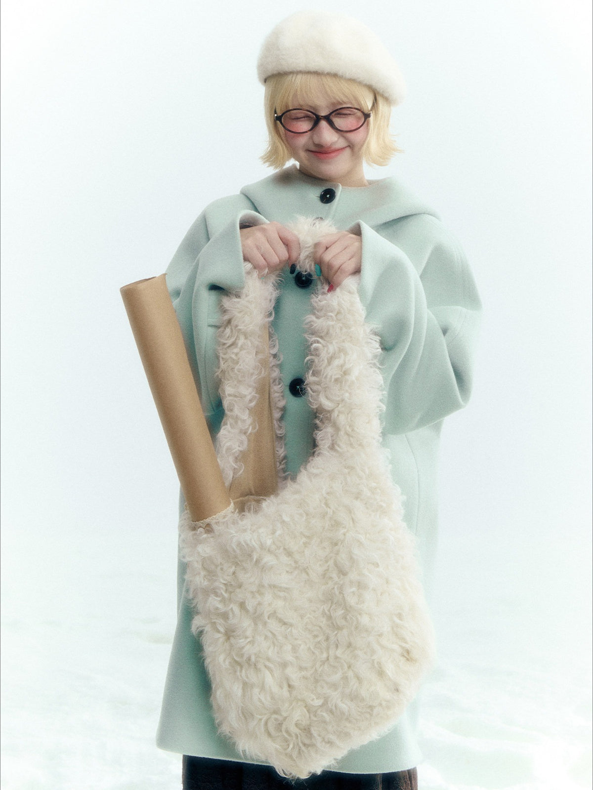 Pale Aqua Green Hooded Cocoon Wool-Blend Coat