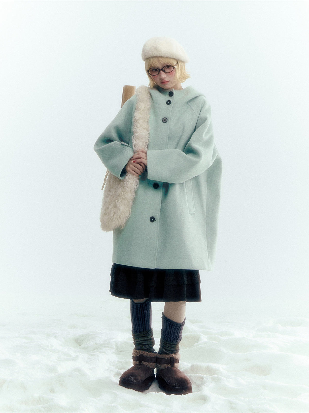 Pale Aqua Green Hooded Cocoon Wool-Blend Coat
