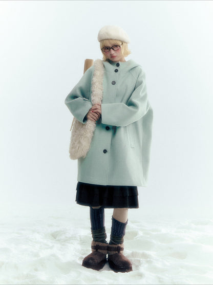 Pale Aqua Green Hooded Cocoon Wool-Blend Coat