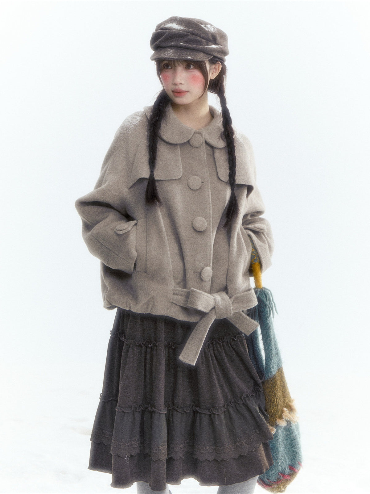 Short Cocoon Wool-Blend Coat (Taro Purple / Oatmeal Gray)