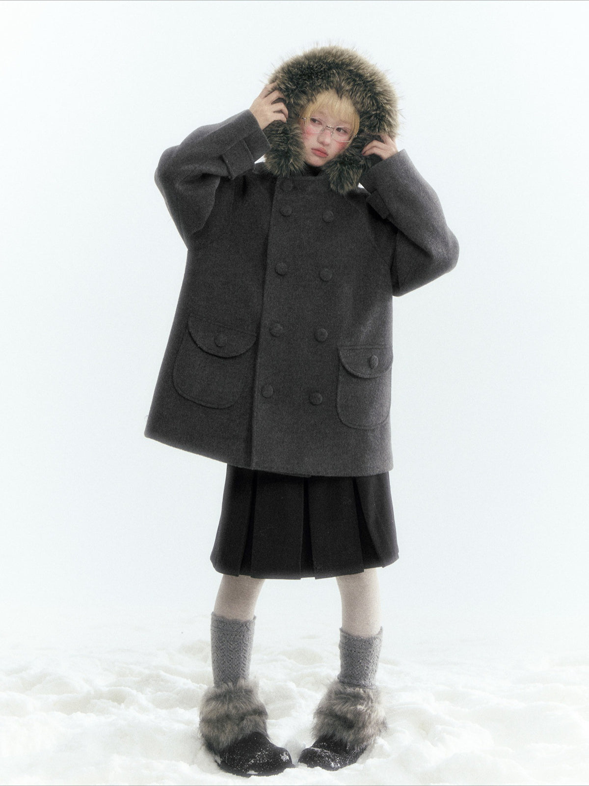 Japanese Hooded Double-Breasted Wool Coat (Deep Charcoal Gray / Taro Purple)