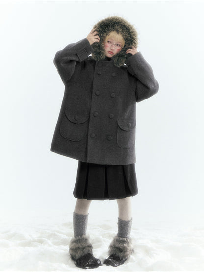 Japanese Hooded Double-Breasted Wool Coat (Deep Charcoal Gray / Taro Purple)