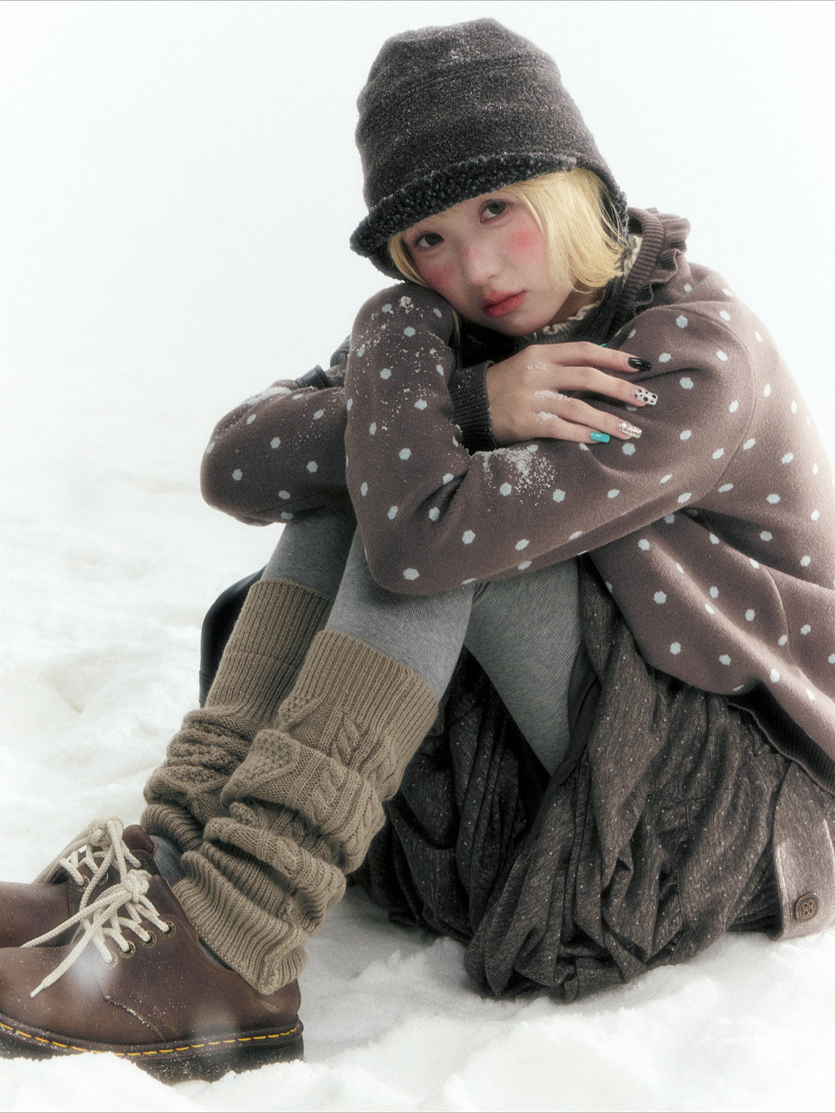 Dark Taupe Brown Polka Dot Layered Knit Sweater
