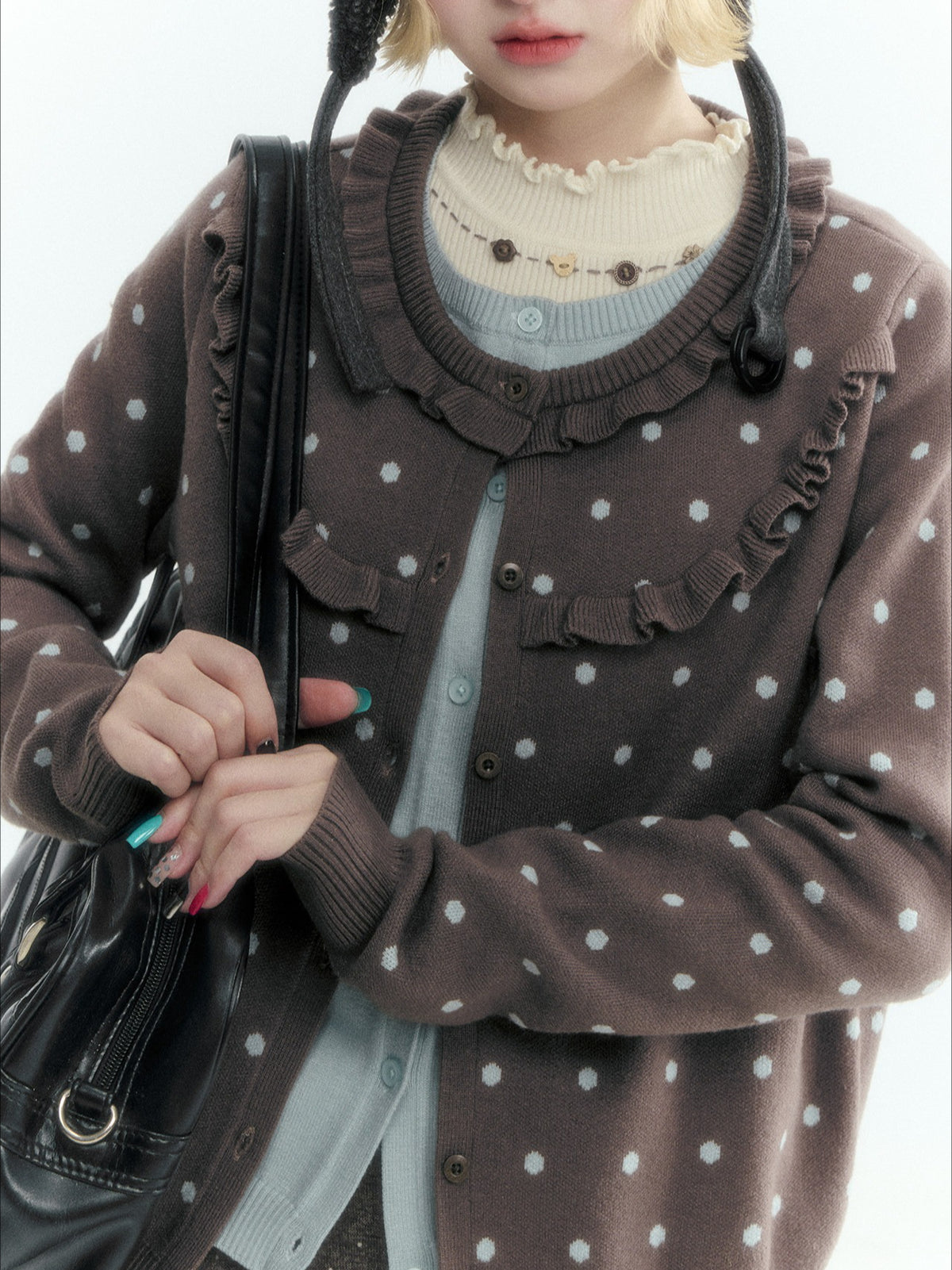 Dark Taupe Brown Polka Dot Layered Knit Sweater