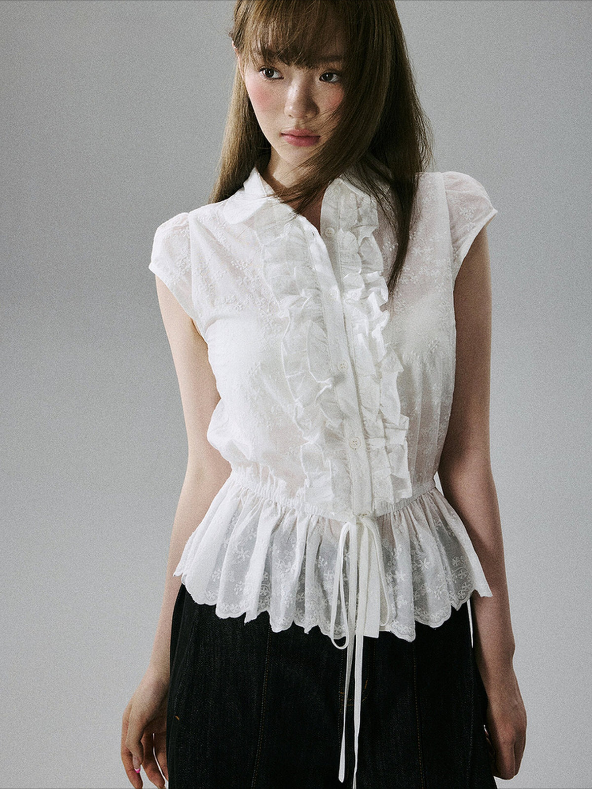 LOST FOREST - White Embroidered Ruffle Sleeve Cotton Blouse