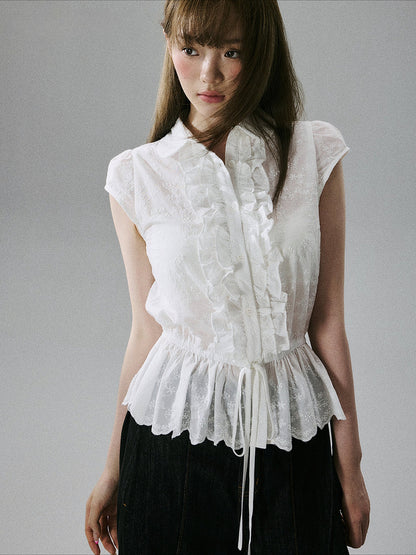 LOST FOREST - White Embroidered Ruffle Sleeve Cotton Blouse