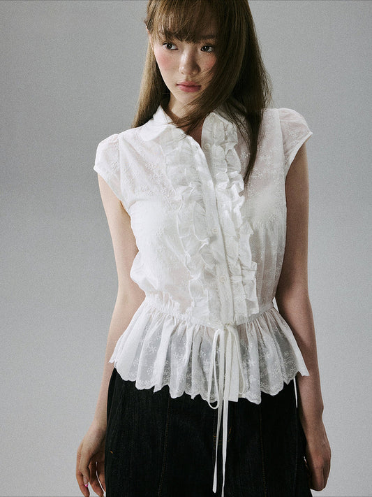 LOST FOREST - White Embroidered Ruffle Sleeve Cotton Blouse