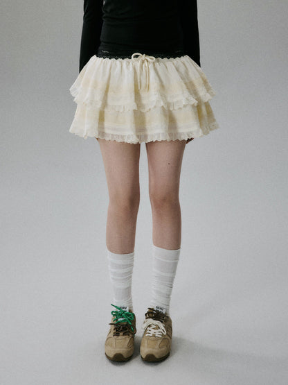 LOST FOREST - Apricot Lyocell Lace Tiered Mini Skirt