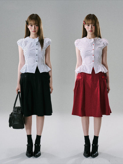 LOST FOREST - White & Red Polka Dot Asymmetrical Cotton Blouse