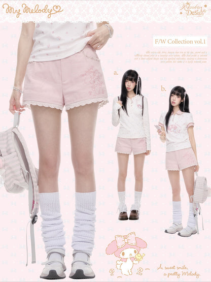 KYOUKO - Cherry Pink Lace-Trim Shorts