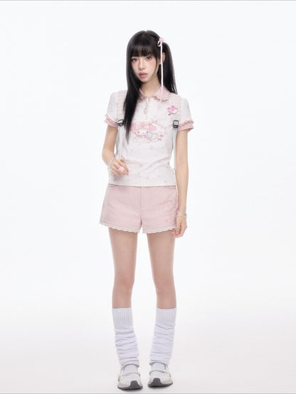 KYOUKO - Cherry Pink Lace-Trim Shorts
