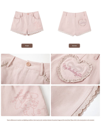KYOUKO - Cherry Pink Lace-Trim Shorts