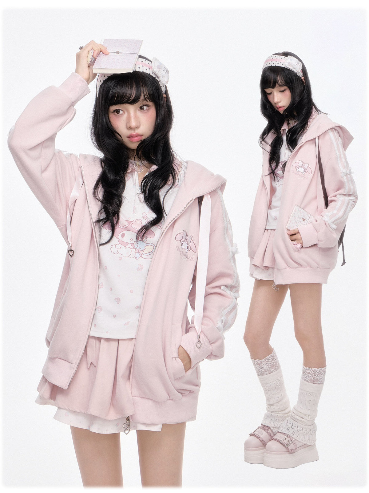 KYOUKO - Pink Embroidered Hooded Zip-Up Jacket
