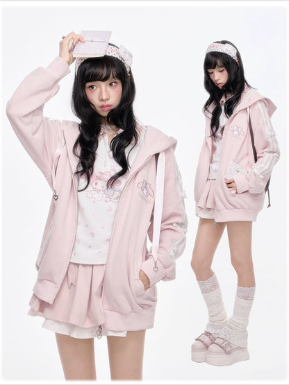 KYOUKO - Pink Embroidered Hooded Zip-Up Jacket