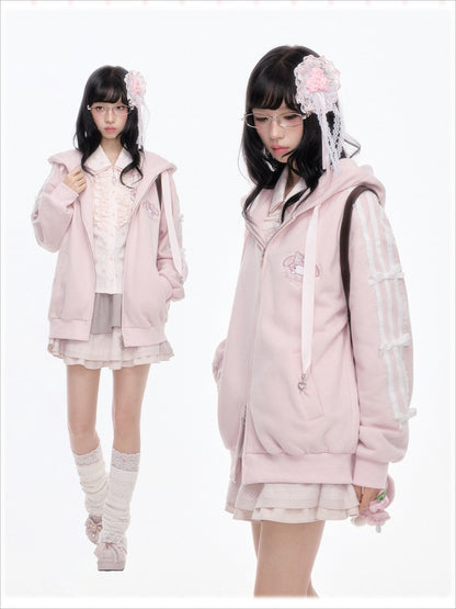 KYOUKO - Pink Embroidered Hooded Zip-Up Jacket