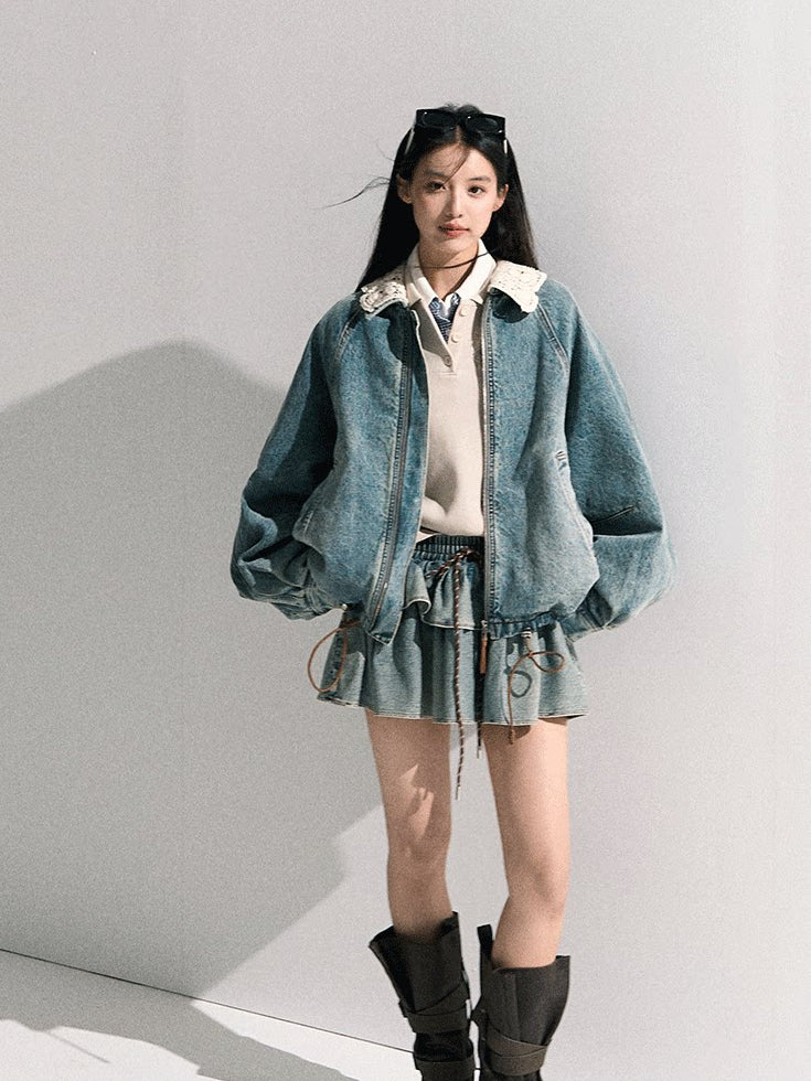 OAKMOO/  "When Grapes Are Ripe" Vintage Washed Denim Jacket & Skirt Set
