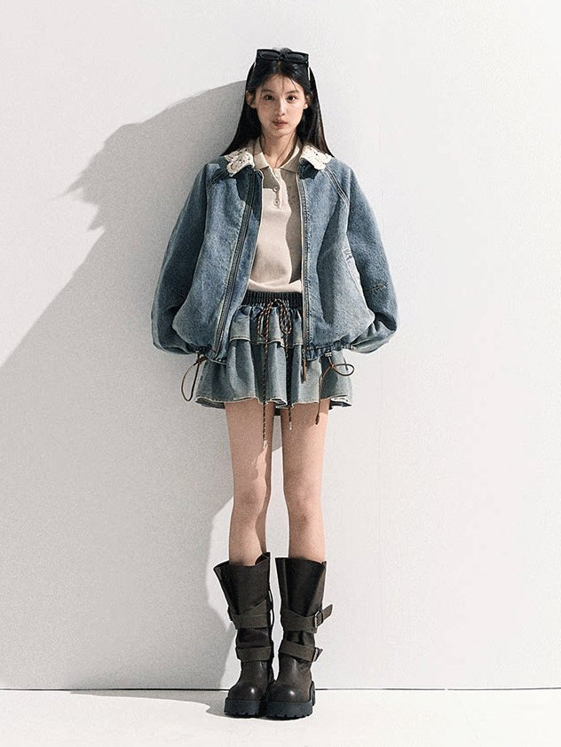 OAKMOO/  "When Grapes Are Ripe" Vintage Washed Denim Jacket & Skirt Set