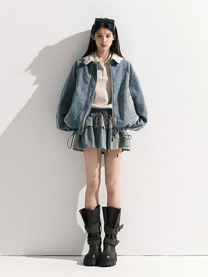 OAKMOO/  "When Grapes Are Ripe" Vintage Washed Denim Jacket & Skirt Set