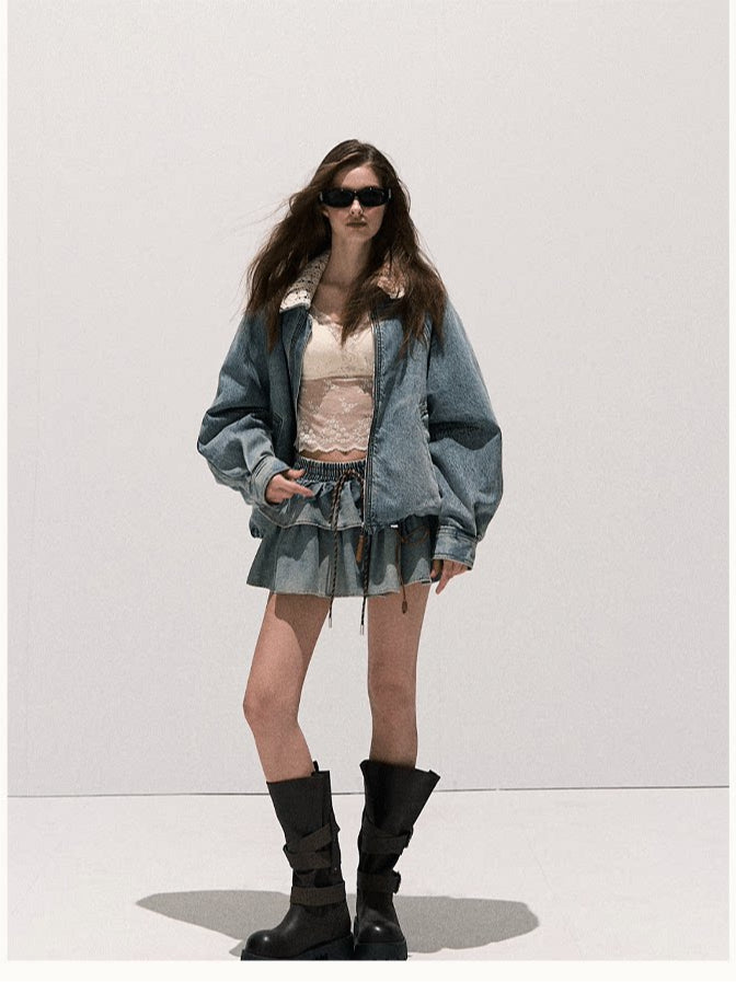OAKMOO/  "When Grapes Are Ripe" Vintage Washed Denim Jacket & Skirt Set