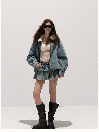 OAKMOO/  "When Grapes Are Ripe" Vintage Washed Denim Jacket & Skirt Set