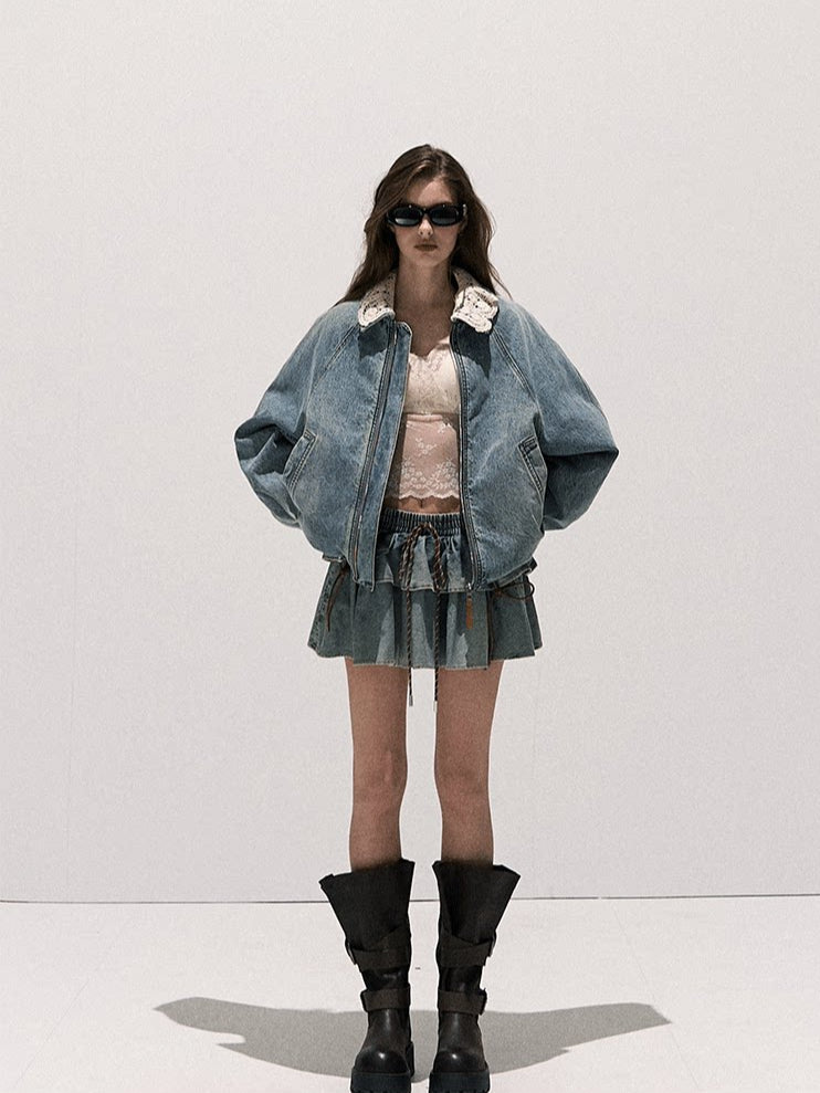 OAKMOO/  "When Grapes Are Ripe" Vintage Washed Denim Jacket & Skirt Set