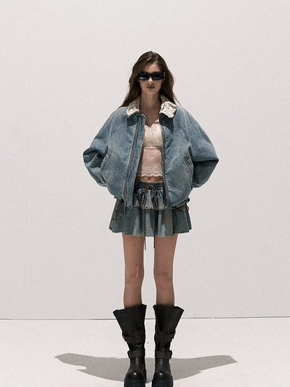 OAKMOO/  "When Grapes Are Ripe" Vintage Washed Denim Jacket & Skirt Set