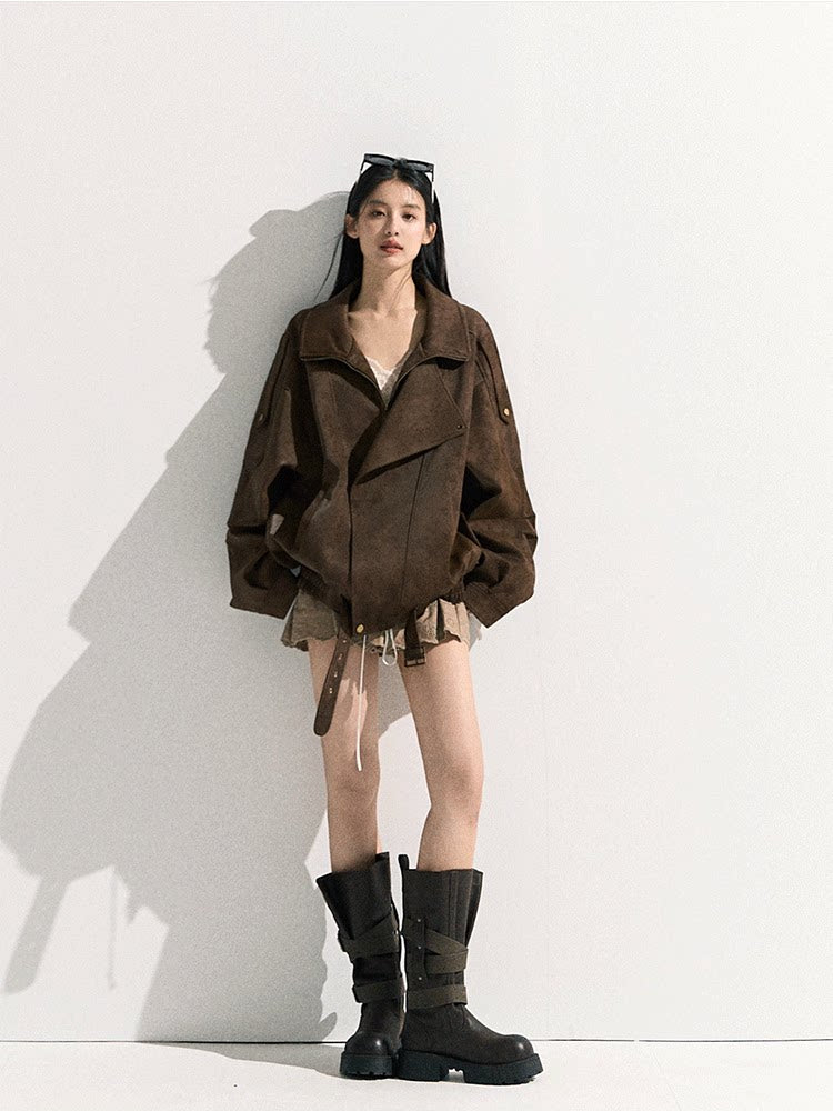 OAKMOO/ "“Ginger & Blossoms”" Mocha Mousse Vintage Faux Suede Moto Jacket