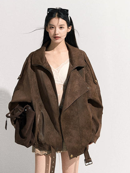 OAKMOO/ "“Ginger & Blossoms”" Mocha Mousse Vintage Faux Suede Moto Jacket