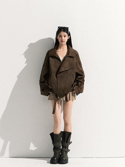 OAKMOO/ "“Ginger & Blossoms”" Mocha Mousse Vintage Faux Suede Moto Jacket