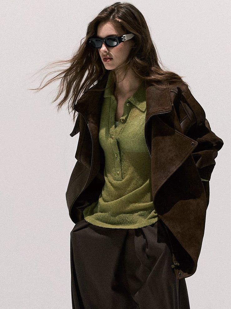 OAKMOO/ "“Ginger & Blossoms”" Mocha Mousse Vintage Faux Suede Moto Jacket