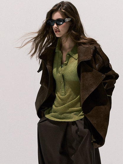 OAKMOO/ "“Ginger & Blossoms”" Mocha Mousse Vintage Faux Suede Moto Jacket