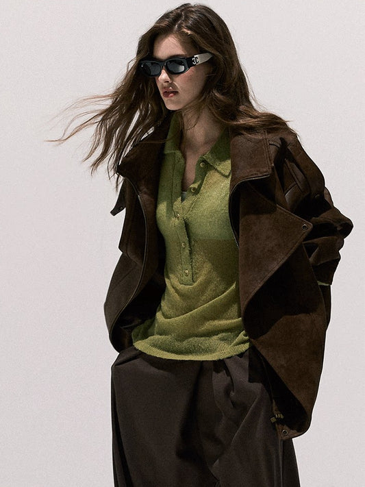 OAKMOO/ "“Ginger & Blossoms”" Mocha Mousse Vintage Faux Suede Moto Jacket