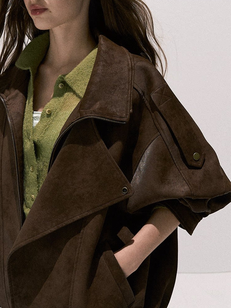 OAKMOO/ "“Ginger & Blossoms”" Mocha Mousse Vintage Faux Suede Moto Jacket