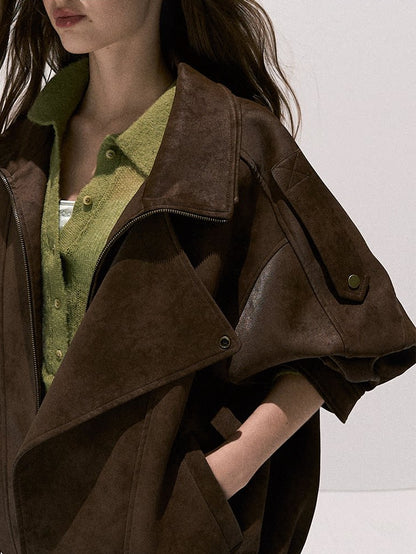 OAKMOO/ "“Ginger & Blossoms”" Mocha Mousse Vintage Faux Suede Moto Jacket