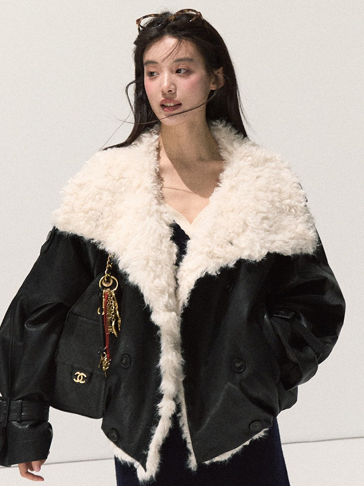 OAKMOO/ Cropped Faux Leather Shearling-Collar Jacket (Rich Black / Hazelnut Khaki)