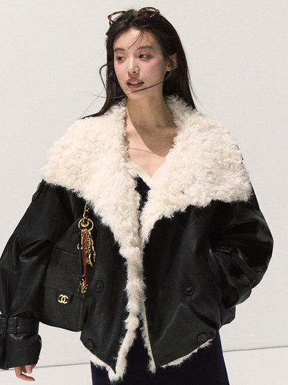 OAKMOO/ Cropped Faux Leather Shearling-Collar Jacket (Rich Black / Hazelnut Khaki)
