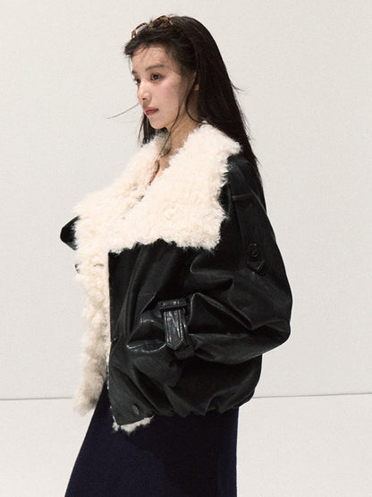 OAKMOO/ Cropped Faux Leather Shearling-Collar Jacket (Rich Black / Hazelnut Khaki)