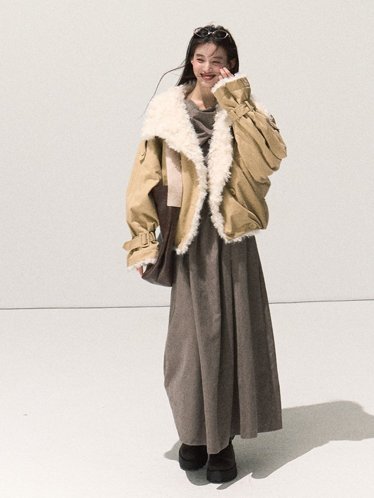 OAKMOO/ Cropped Faux Leather Shearling-Collar Jacket (Rich Black / Hazelnut Khaki)