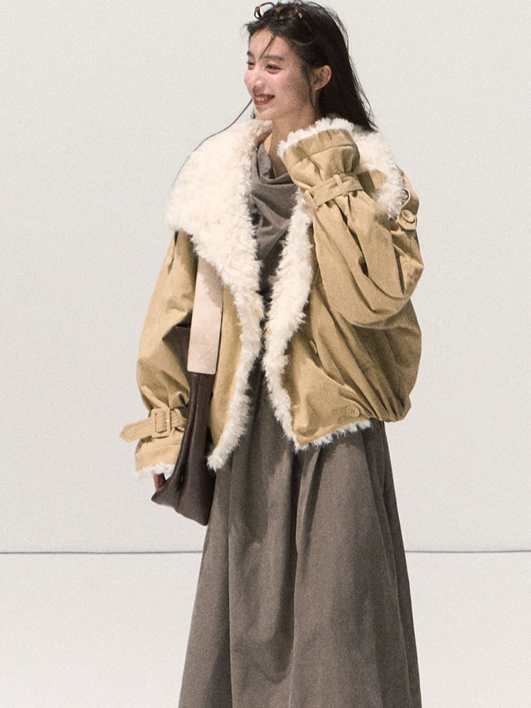 OAKMOO/ Cropped Faux Leather Shearling-Collar Jacket (Rich Black / Hazelnut Khaki)