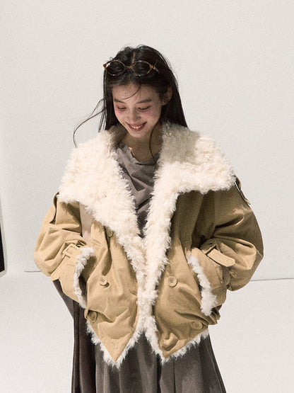 OAKMOO/ Cropped Faux Leather Shearling-Collar Jacket (Rich Black / Hazelnut Khaki)